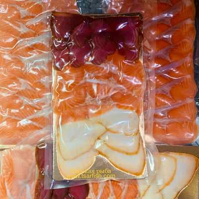 Ассорти (форель, масляная, тунец) ломтики холодного копчения 500 г. Упаковка 500 г 