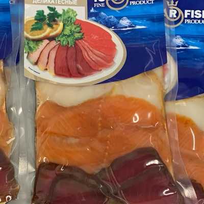 Ассорти (форель,масляная,тунец) ломтики холодного копчения 150 г. Упаковка 150 г